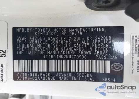 2019 Toyota Camry Se из США, поврежденный, VIN 4T1B11HK2KU279900